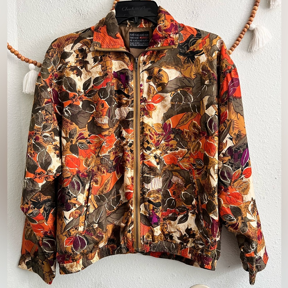 Mureli 100% silk fall leaves zipper lightweight jacket